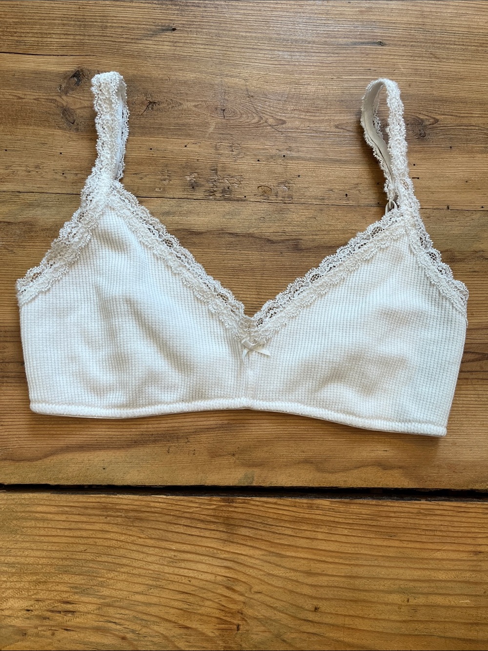BRANDY MELVILLE Ivory Lace Trim Bralette Thermal/Waffle Texture